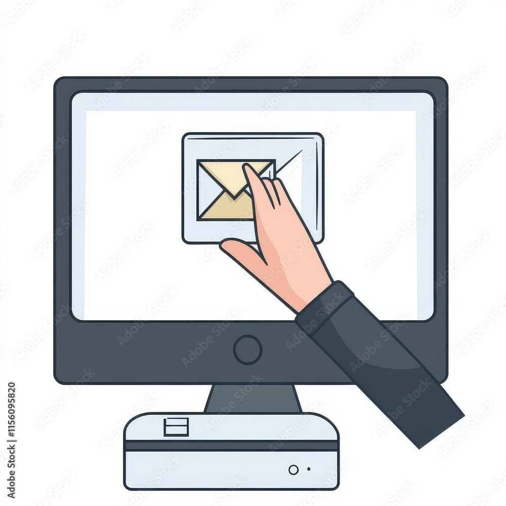 Poster a hand reaching out to click on an email icon on a computer screen, symbolizing digital communicatio