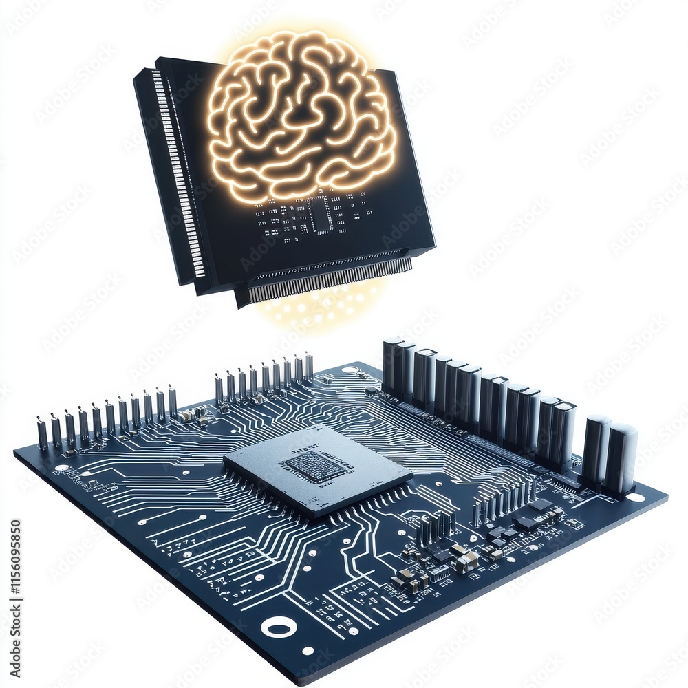 Poster conceptual illustration of a brain and microchip, symbolizing artificial intelligence and technology