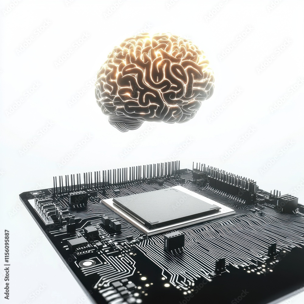 Poster a futuristic representation of a human brain hovering above a microchip, symbolizing artificial inte
