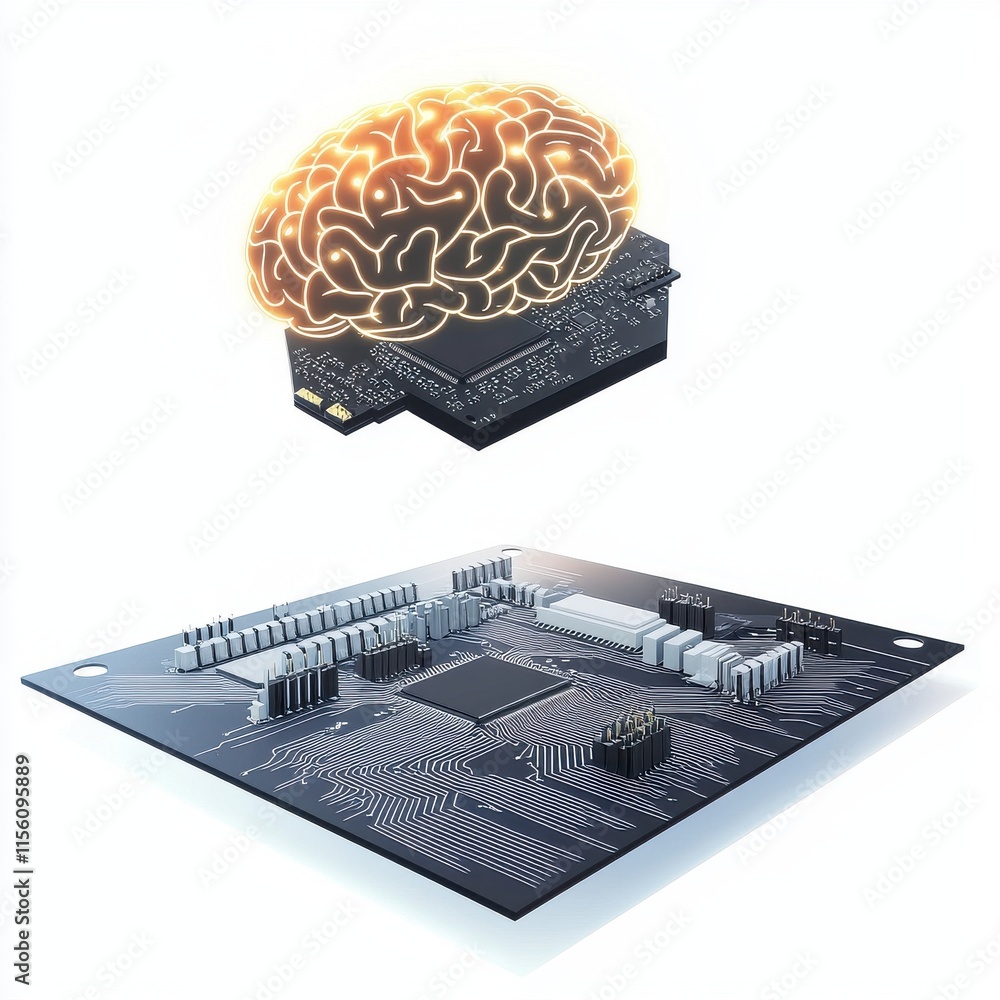 Poster A futuristic concept showing a glowing brain above a microchip, symbolizing the fusion of technology and intelligence.