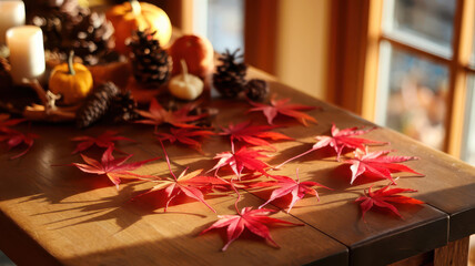 Autumn Table with Red Maple Leaves.
