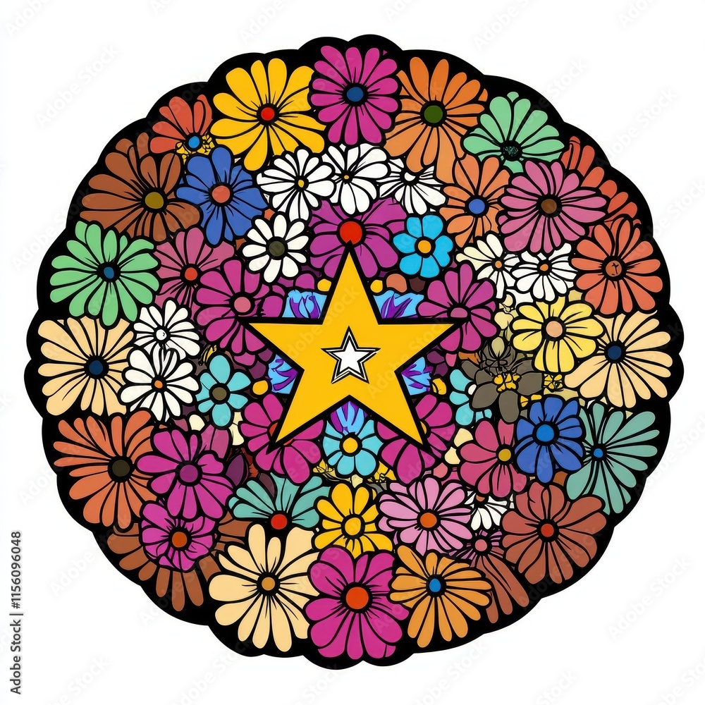 Poster a vibrant circular design featuring an array of colorful flowers surrounding a bold yellow star.