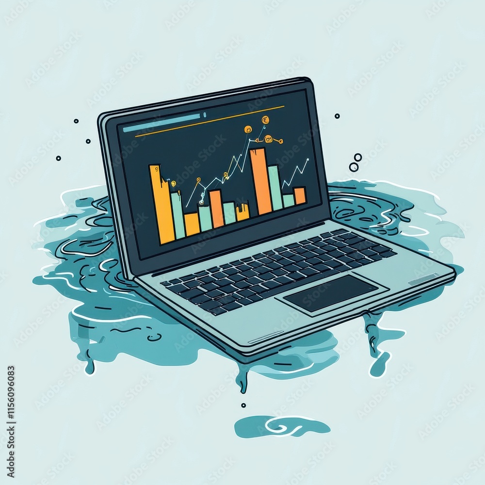 Aufkleber a digital illustration of a laptop in water, displaying colorful graphs and charts, symbolizing data