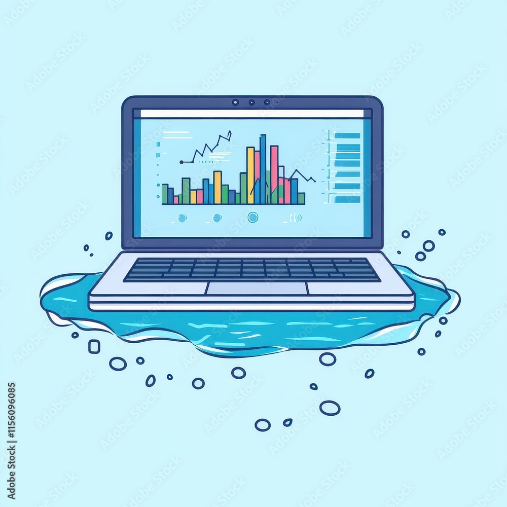 Poster a cartoon depiction of a laptop submerged in water, displaying colorful graphs and data analysis.