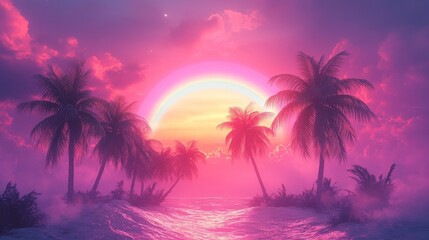 Tropical Palms Under Rainbow in Vibrant Paradise Scene