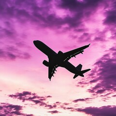 A silhouetted airplane soaring through a vibrant purple and pink sky at dusk.