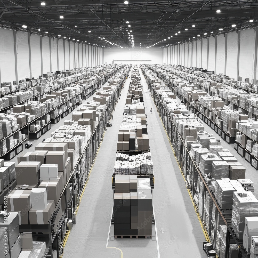 Poster a vast warehouse filled with neatly stacked boxes and goods, showcasing a busy storage space with or