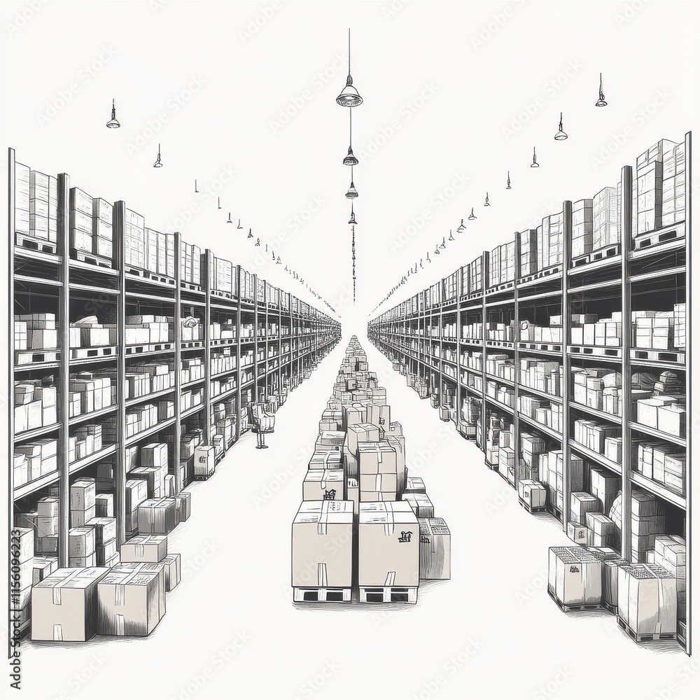 Poster a spacious warehouse filled with neatly stacked boxes and shelves, creating a sense of organization 