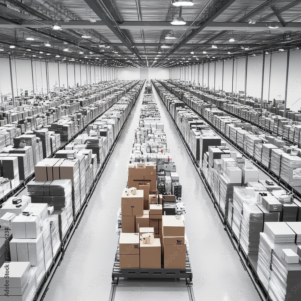 Poster a vast and organized distribution center filled with stacked boxes and inventory, showcasing efficie