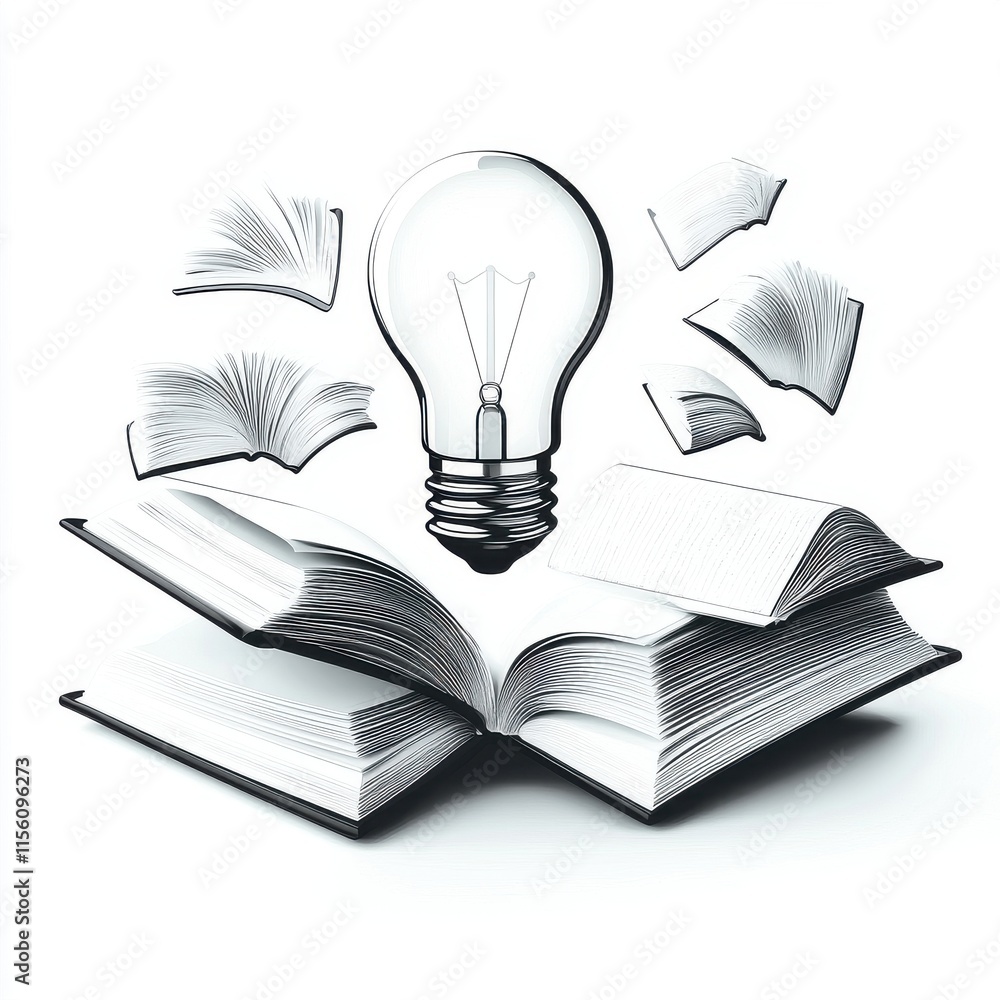 Poster an open book with floating pages and a glowing light bulb, symbolizing creativity and knowledge.