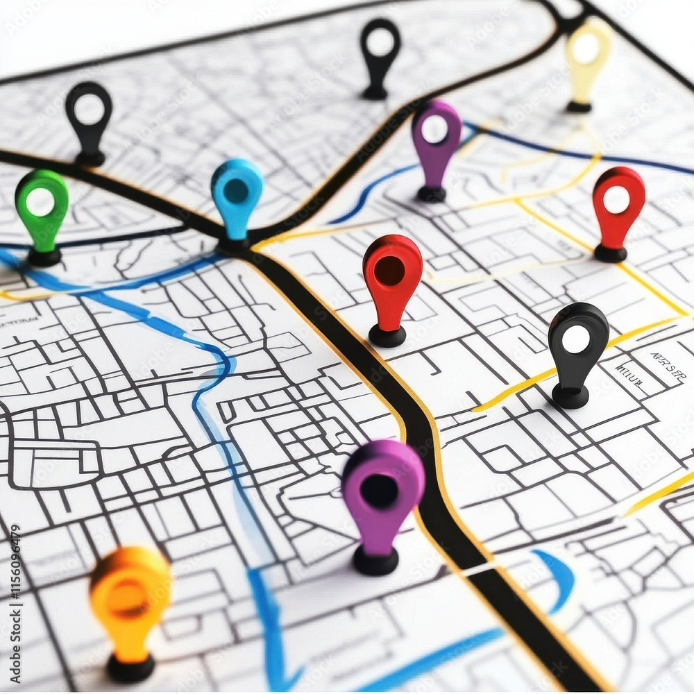 Poster a vibrant map with colorful location pins highlighting various points of interest.