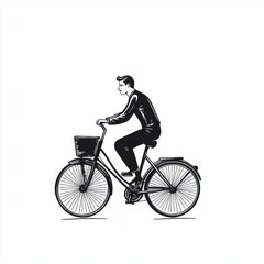 Naklejka premium A young man rides a vintage bicycle, showcasing a classic black and white illustration style.