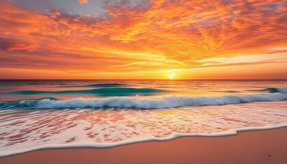 Obraz premium A serene sunset over the ocean with vibrant skies and gentle waves on a sandy beach.