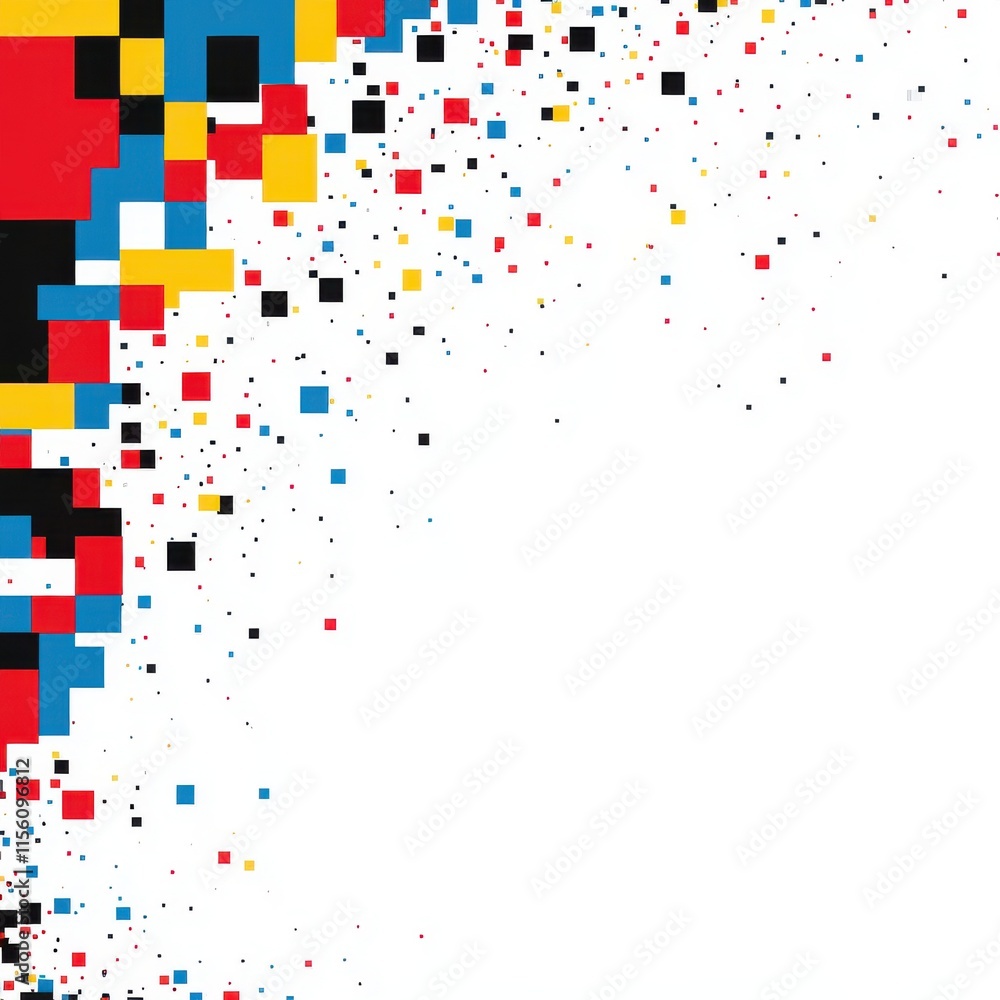 Poster abstract digital art featuring a vibrant mosaic of colored squares and pixels creating a dynamic, mo