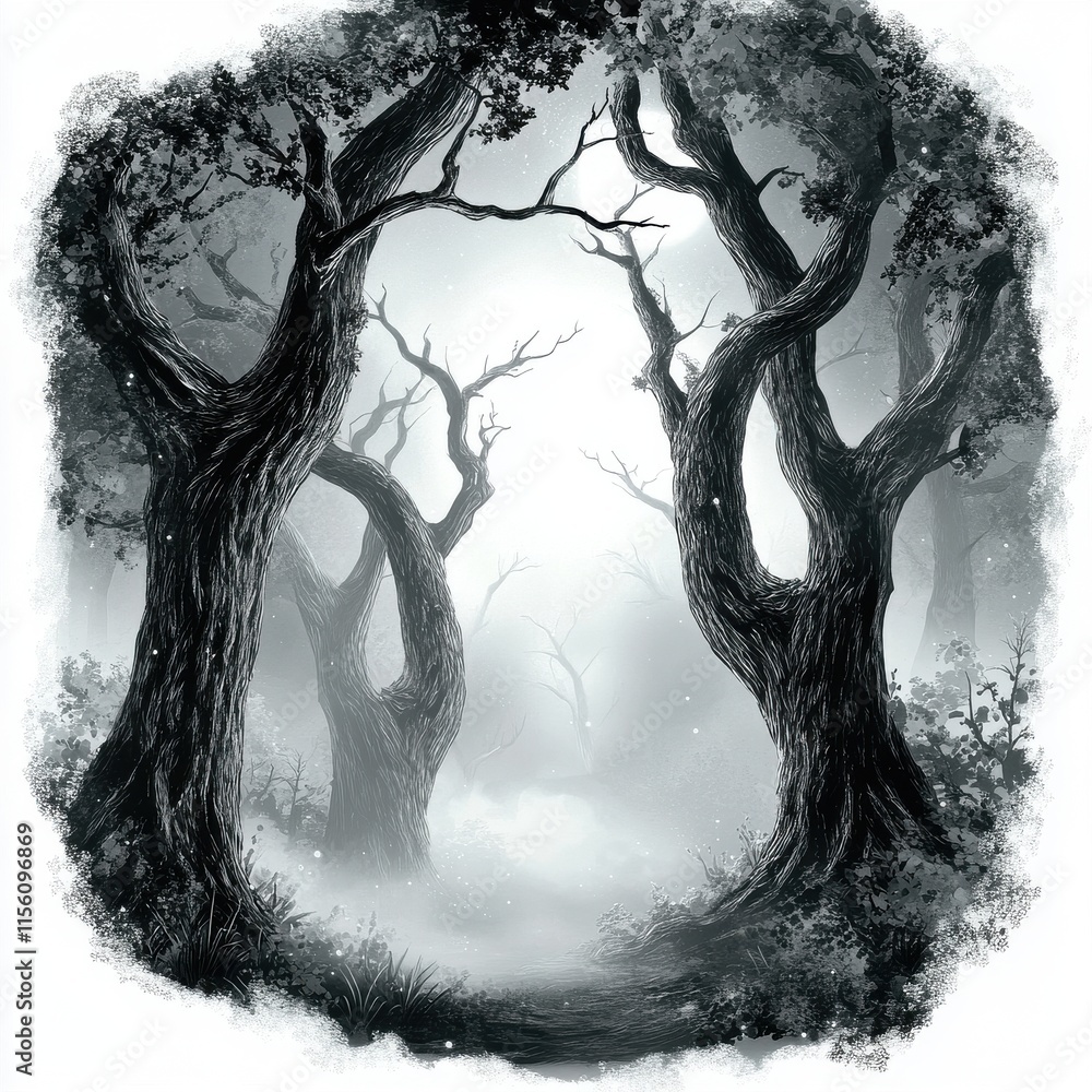 Poster mysterious forest scene with twisted trees shrouded in mist, creating an eerie yet captivating atmos