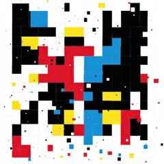 A vibrant abstract composition featuring blocks of red, blue, yellow, and black in a grid pattern.