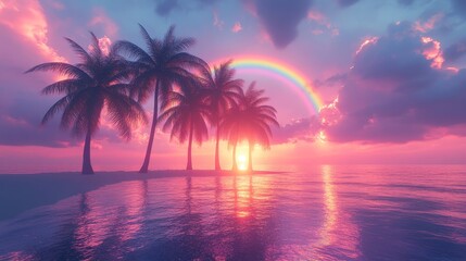 Tropical Palms Under Rainbow in Vibrant Paradise Scene