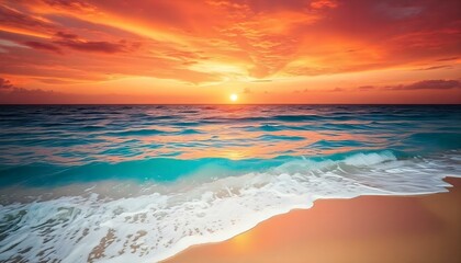 Obraz premium A serene sunset over the ocean with vibrant skies and gentle waves on a sandy beach.