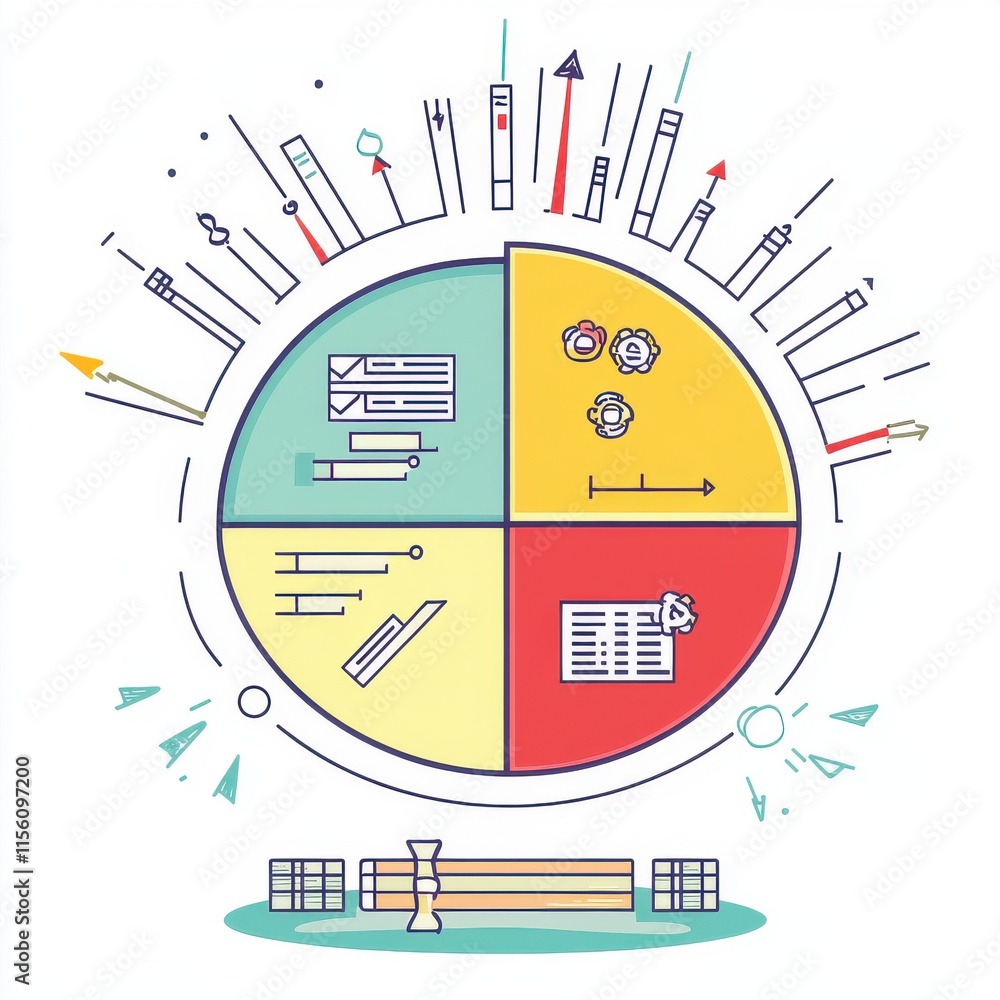 Poster colorful infographic depicting project management strategies with various elements in a quadrant lay