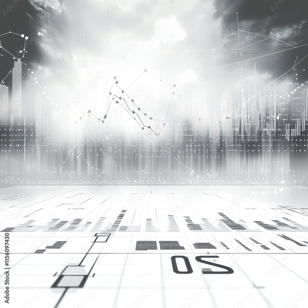 Aufkleber abstract digital finance concept with graphs and data overlays in grayscale colors, representing mar