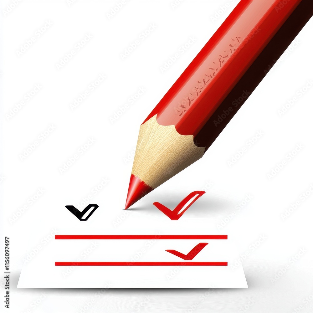 Poster a close-up of a red pencil marking checkboxes on a white document, symbolizing task completion.