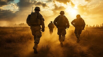 Fototapeta premium Soldiers Marching Through Dusty Terrain at Sunset with Golden Light, Representing Courage, Teamwork, and Perseverance in Military Operations