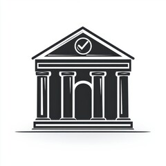 A stylized black and white illustration of a classical building with columns and a checkmark symbol.