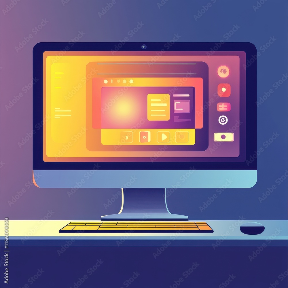 Poster stylish digital workspace featuring a modern monitor displaying vibrant abstract graphics.