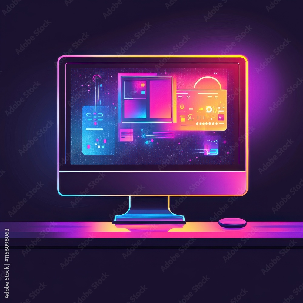 Poster a futuristic computer setup featuring vibrant neon colors and abstract interface designs.