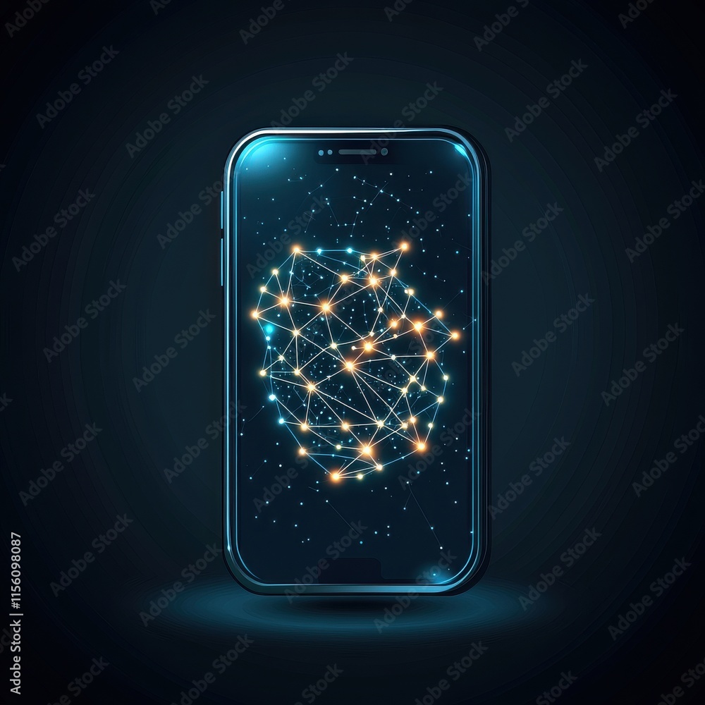 Poster a futuristic smartphone displaying a glowing network of interconnected nodes against a dark backgrou