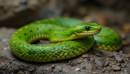 Fototapeta premium Asian Vine Snake, a fascinating mild venomous snake known for its unique appearance and behaviors, making the Asian Vine Snake a remarkable example of adaptability in the wild.