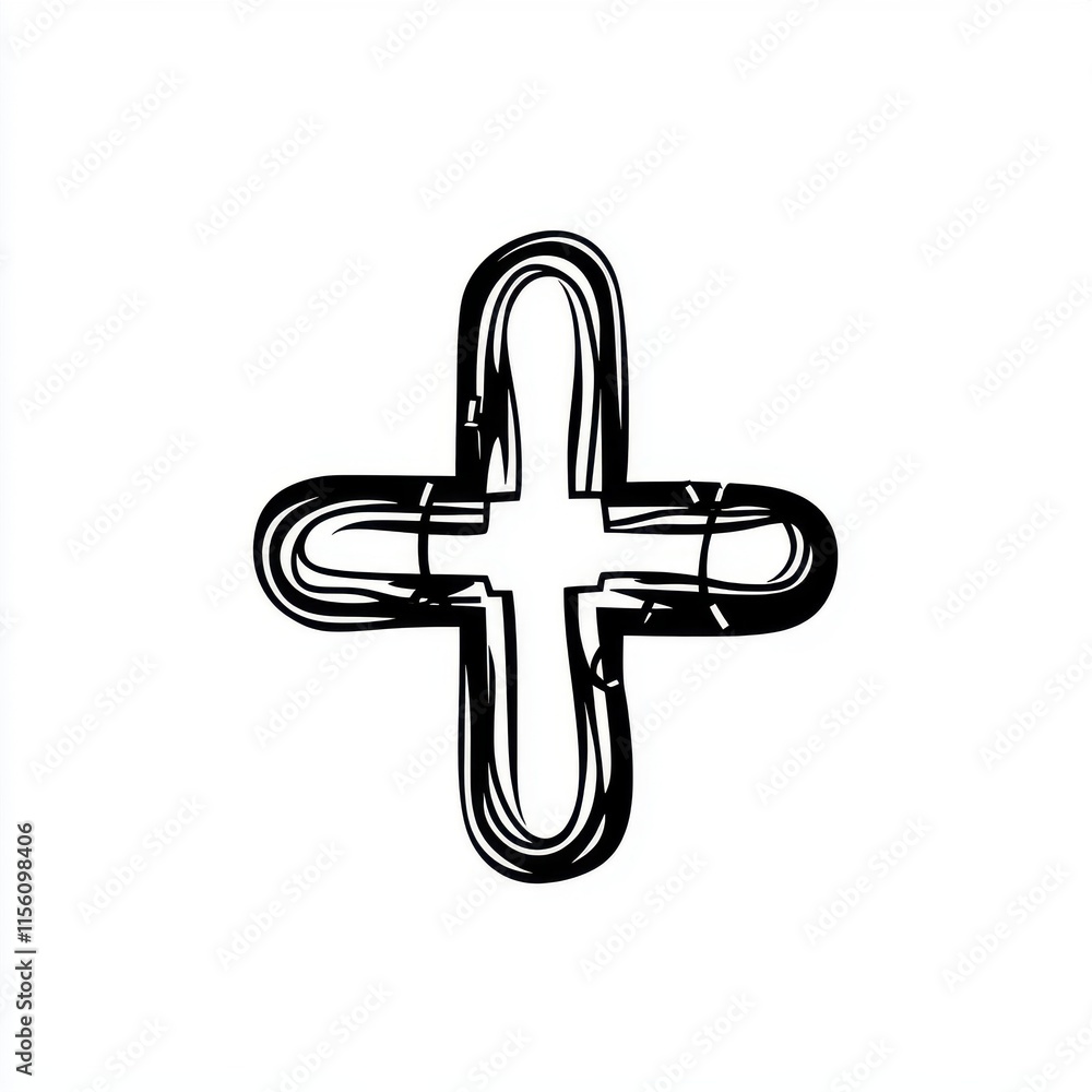 Poster a bold black and white illustration of a plus sign, featuring a unique twisted design that adds visu