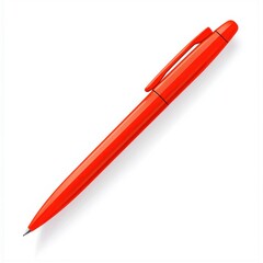 A vibrant red ballpoint pen lying on a clean white background.
