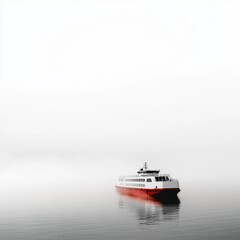 Naklejka premium A sleek ferry glides silently through the foggy waters, creating a serene atmosphere with its minimalist design.