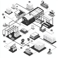 Illustration of a streamlined warehouse management system with various logistical elements.
