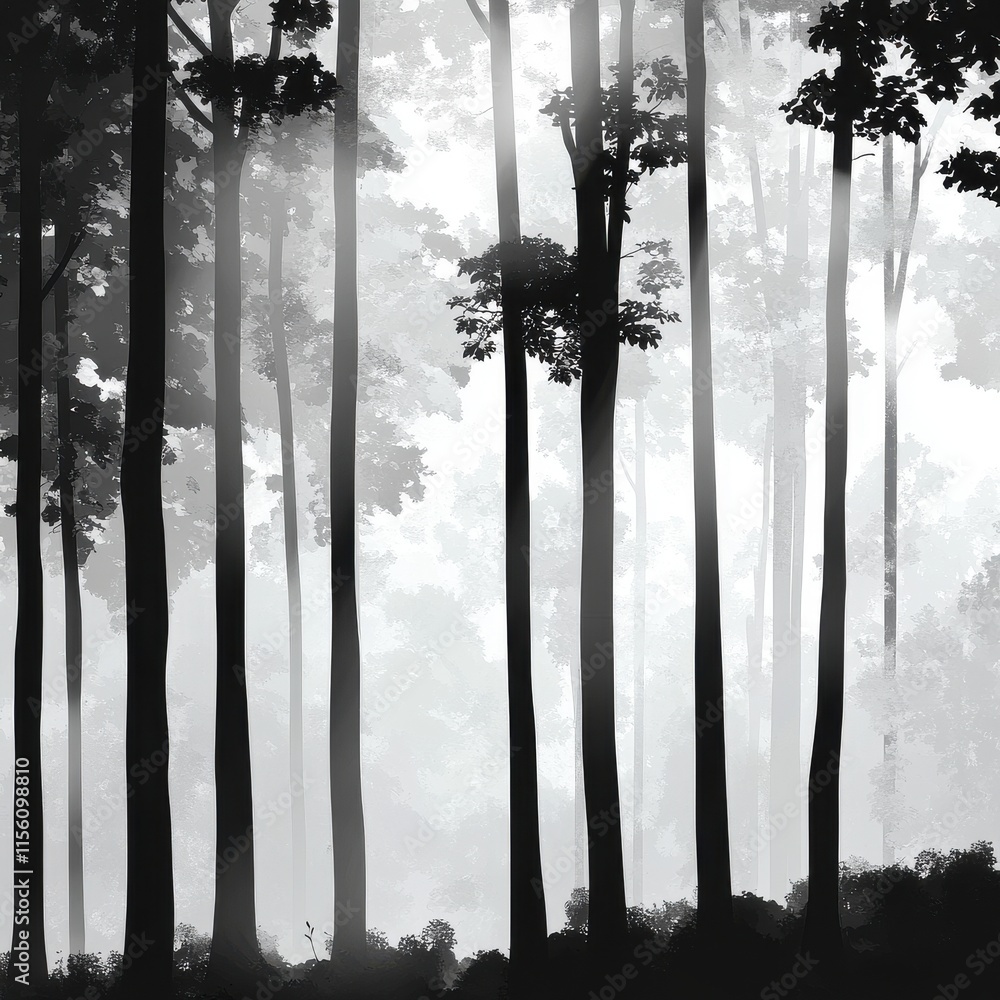 Poster a serene monochrome scene of tall trees veiled in mist, creating a mystical and tranquil atmosphere 