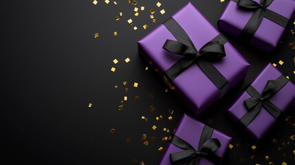purple gift box with black ribbon and golden confetti on black background