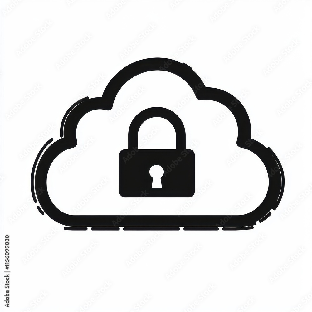 Poster a bold black cloud symbol with a secure lock, representing cloud security and data protection.
