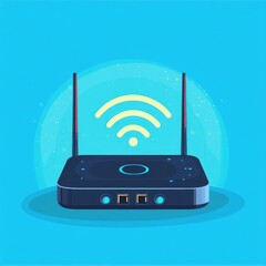 Stylish black Wi-Fi router with signal icons on a bright blue background, symbolizing connectivity and technology.