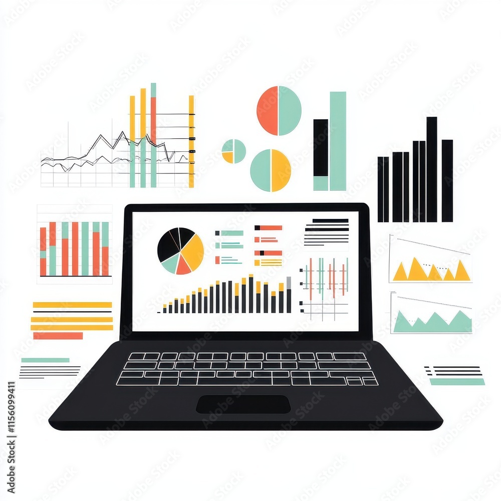 Poster digital data analysis on a sleek laptop, showcasing vibrant graphs and charts in varying colors.