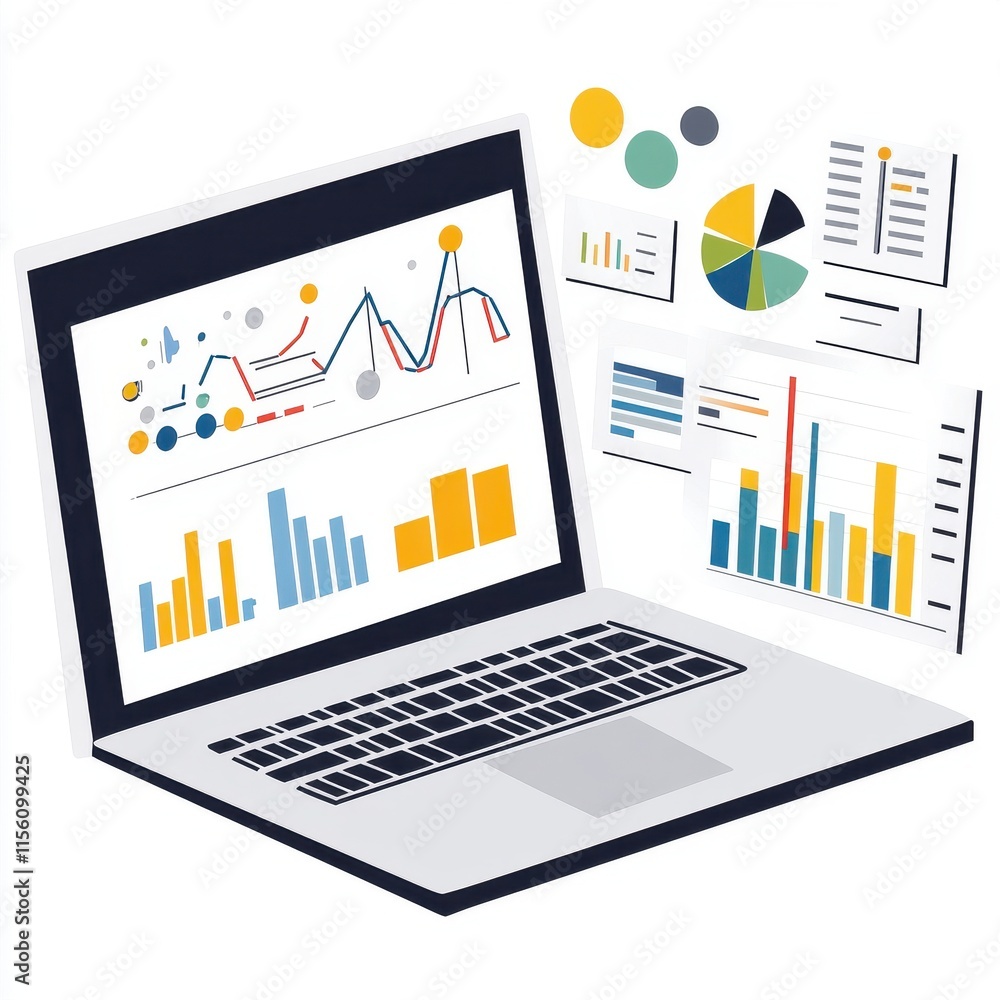 Poster a sleek laptop displaying vibrant data visualizations, ideal for illustrating analytics and business
