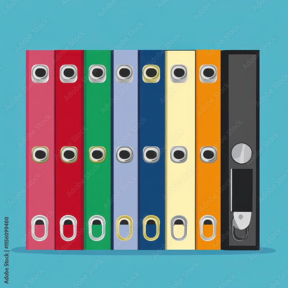 Poster colorful binders neatly arranged in a row on a bright blue background, adding a vibrant touch to any