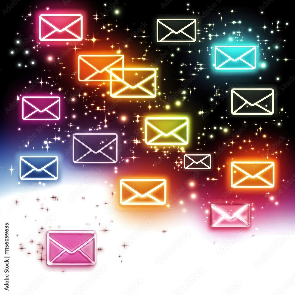 Poster colorful glowing envelopes floating in a starry night background, creating a vibrant and dynamic atm