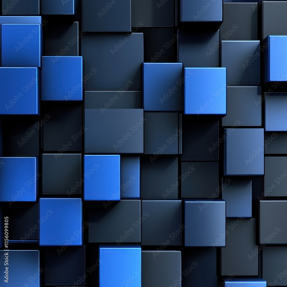 Poster abstract composition of blue and dark blue 3d cubes in a dynamic arrangement, creating a textured vi