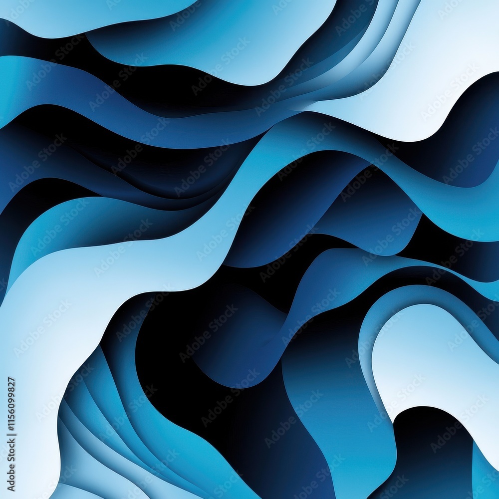 Poster an abstract composition of layered blue waves creating a dynamic interplay of light and dark shades.