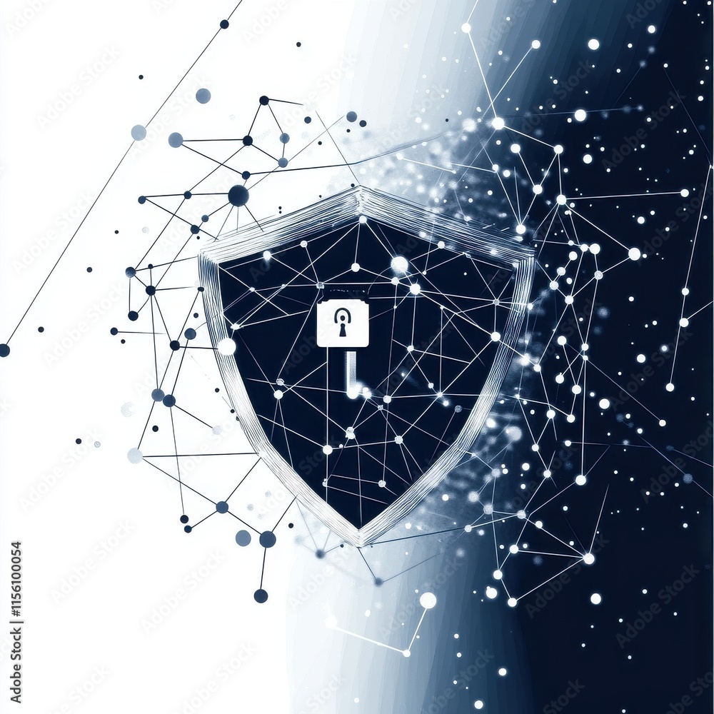 Poster abstract representation of digital security with a shield and lock symbol, illustrating protection a