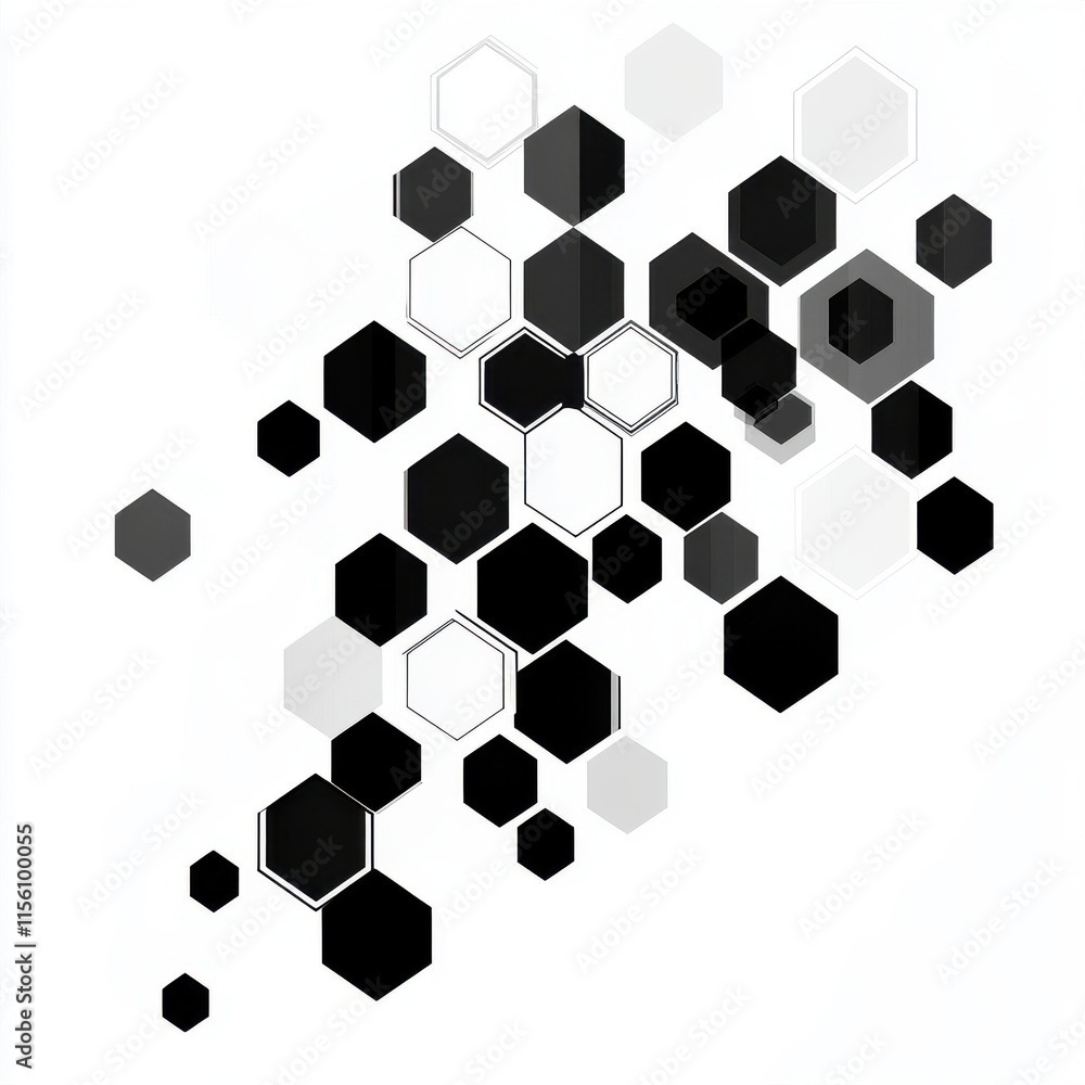 Poster an abstract design featuring black and white hexagons creating a dynamic geometric pattern.