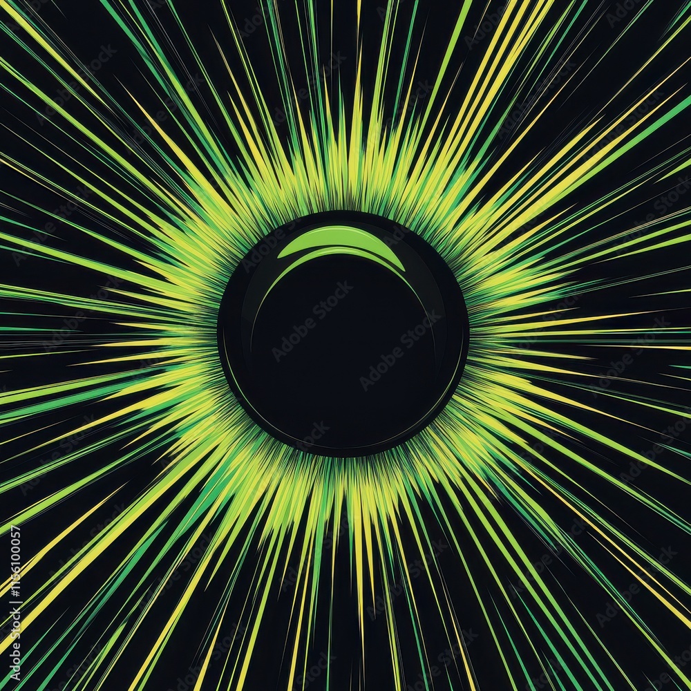 Poster abstract green and black design with radial lines converging towards a central dark sphere, creating