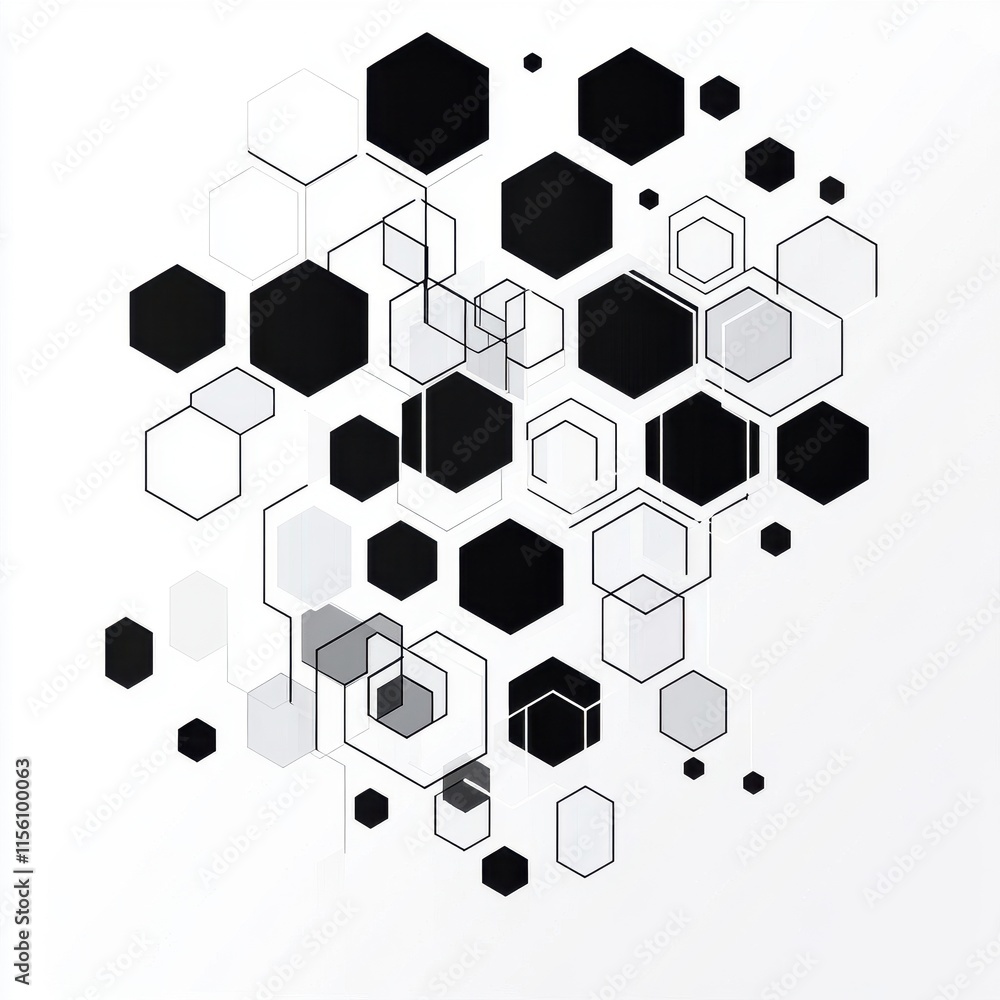 Poster a dynamic arrangement of black and transparent hexagons on a white background creates an engaging vi