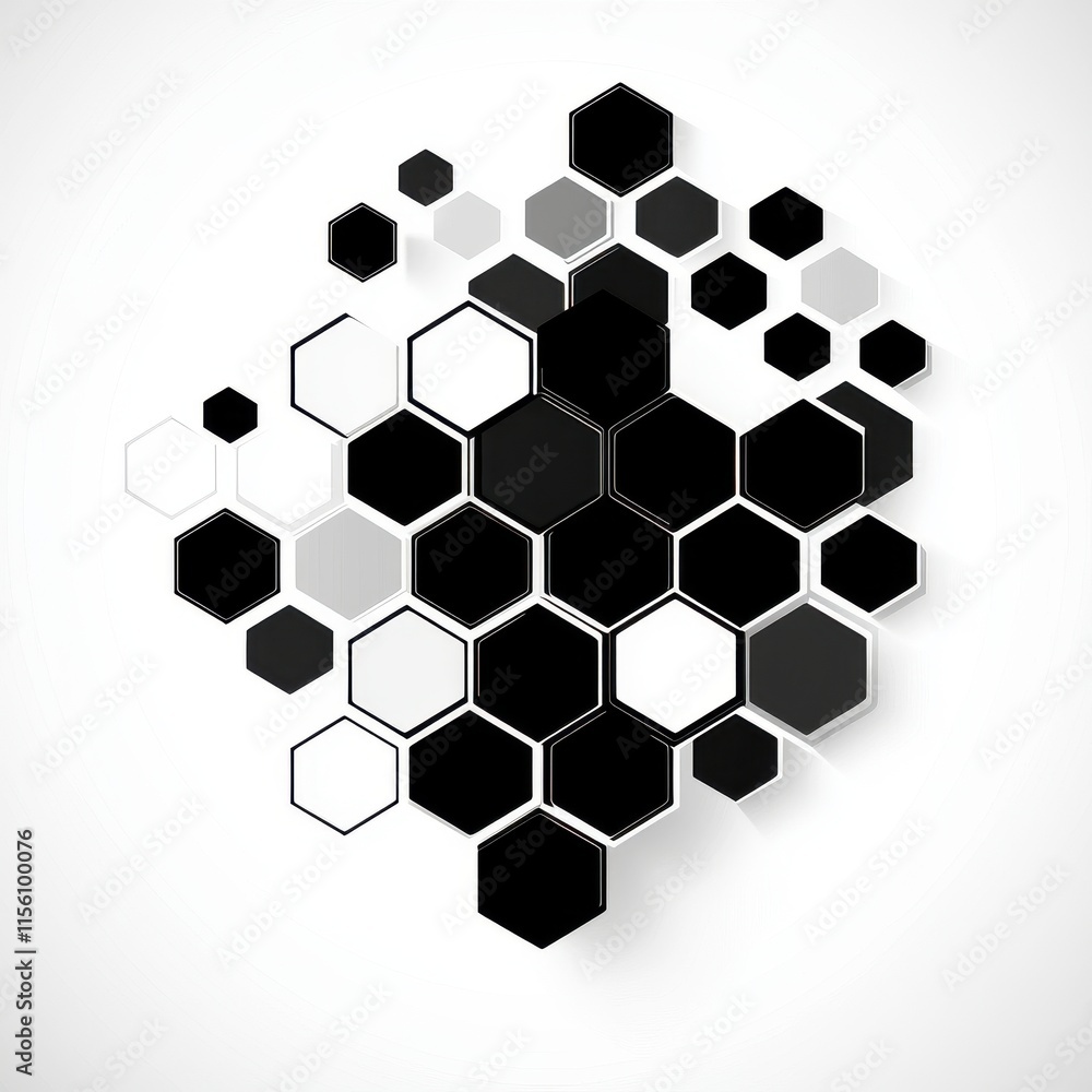 Poster abstract geometric pattern featuring black and white hexagons arranged creatively.